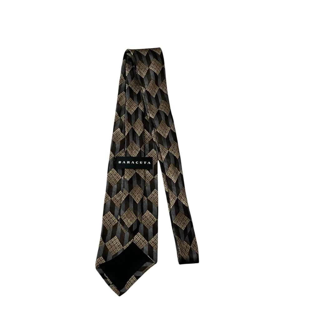 Baracuta Men's Dark Chocolate Brown and Gold Patterned 100% Silk Tie
